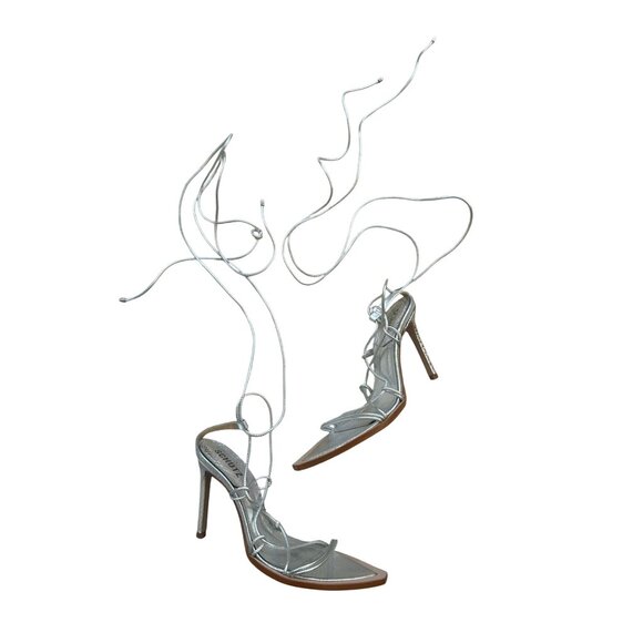 SCHUTZ Silver Leather Laceup Sandals Heels Size 7.5 - Picture 6 of 7